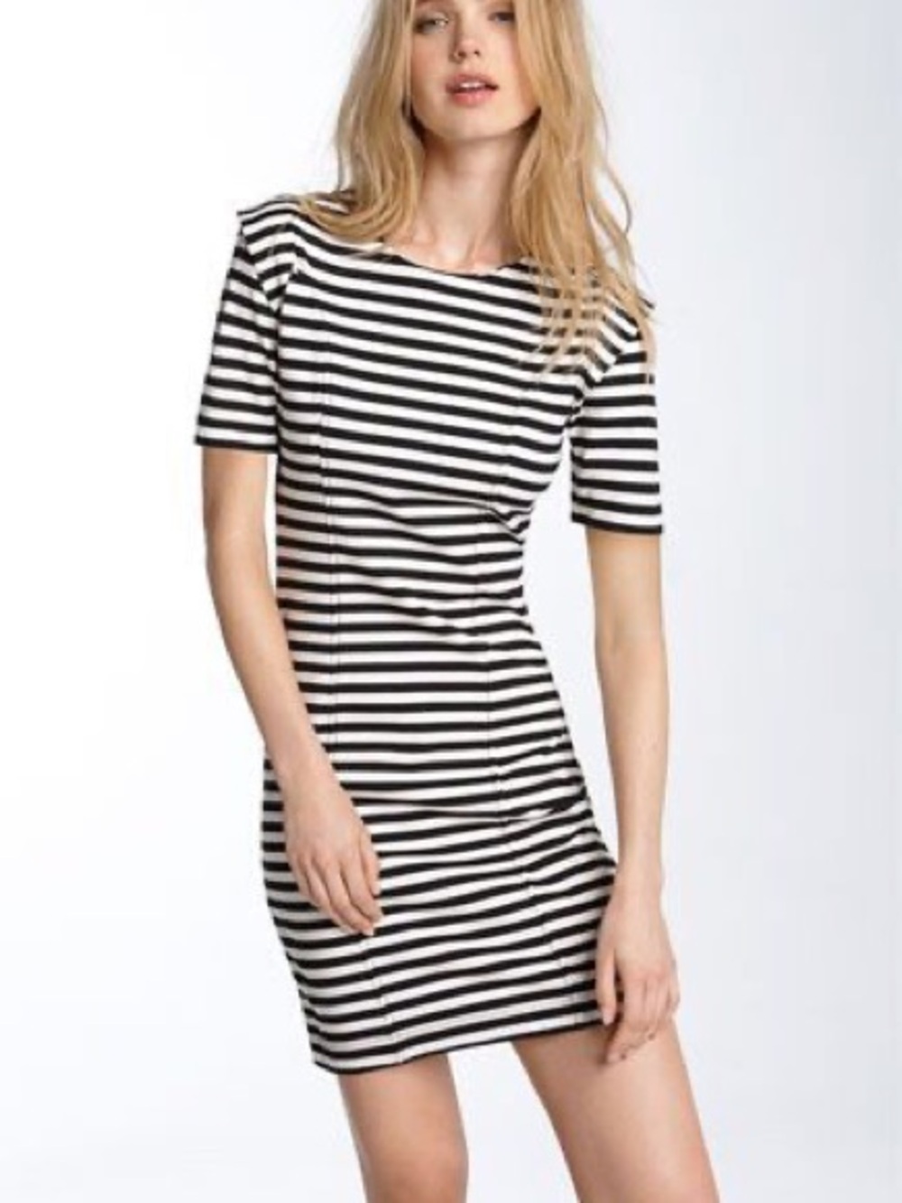 French Connection Black and White Striped Short Sleeve Zip Back Dress